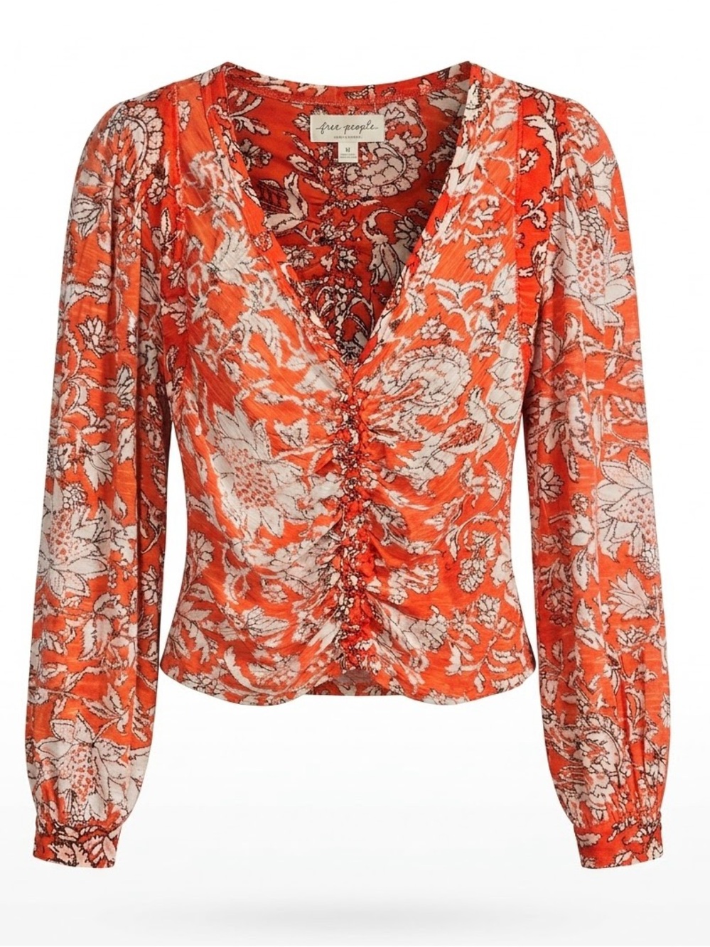 Free People Red Floral Ruched V-Neck Blouse Medium New